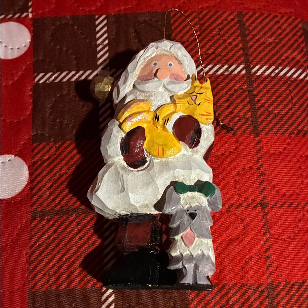 Handcrafted Santa Ornament with Cat and Dog
